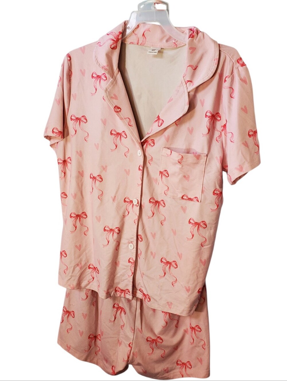 SHEIN Girl's Pink Bow-Print Short Pajama Set Size 12Y